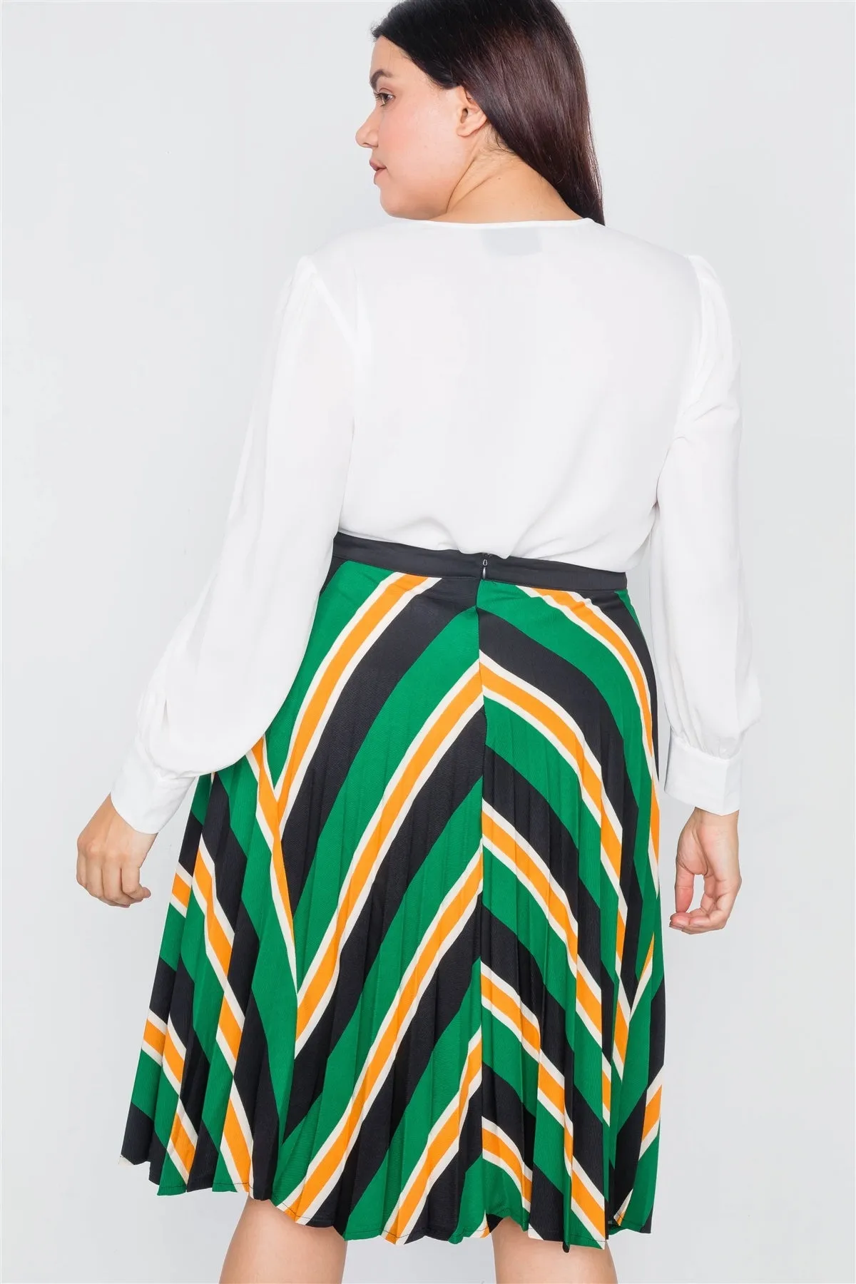 Plus Size Green Multi Stripe Pleated Midi Skirt