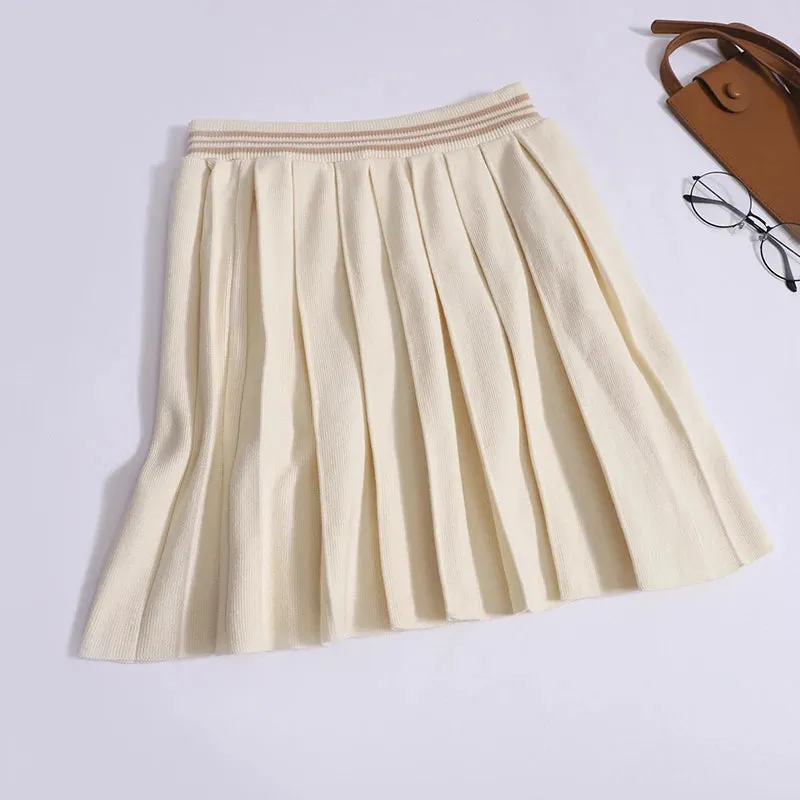 Pre Order:  Embroidered Bow Knitted Pleated Top   Pleated Mini Skirt Set