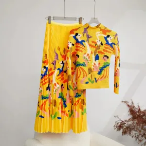 Pre Order:  Retro Printed Pleated Slim Top Elastic Waist Set