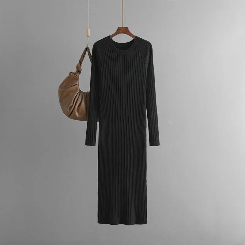 Pre Order:  Solid Pleated Round Neck Woolen Knitted Dress