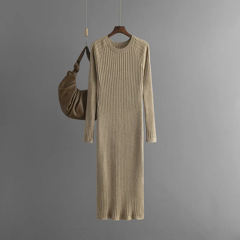 Pre Order:  Solid Pleated Round Neck Woolen Knitted Dress