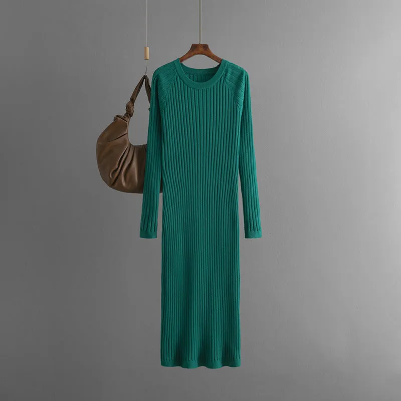 Pre Order:  Solid Pleated Round Neck Woolen Knitted Dress