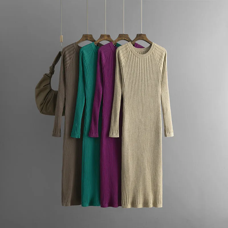 Pre Order:  Solid Pleated Round Neck Woolen Knitted Dress