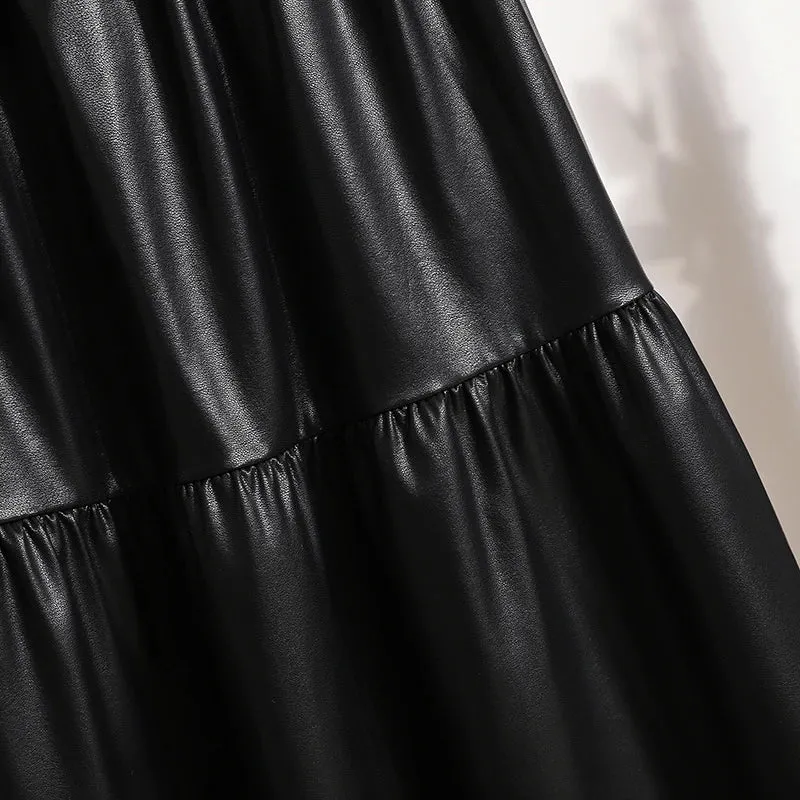 Pre Order:  Splicing Soft Leather Elastic Waist Pleated Skirt