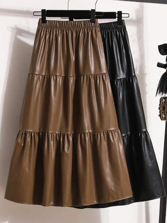 Pre Order:  Splicing Soft Leather Elastic Waist Pleated Skirt