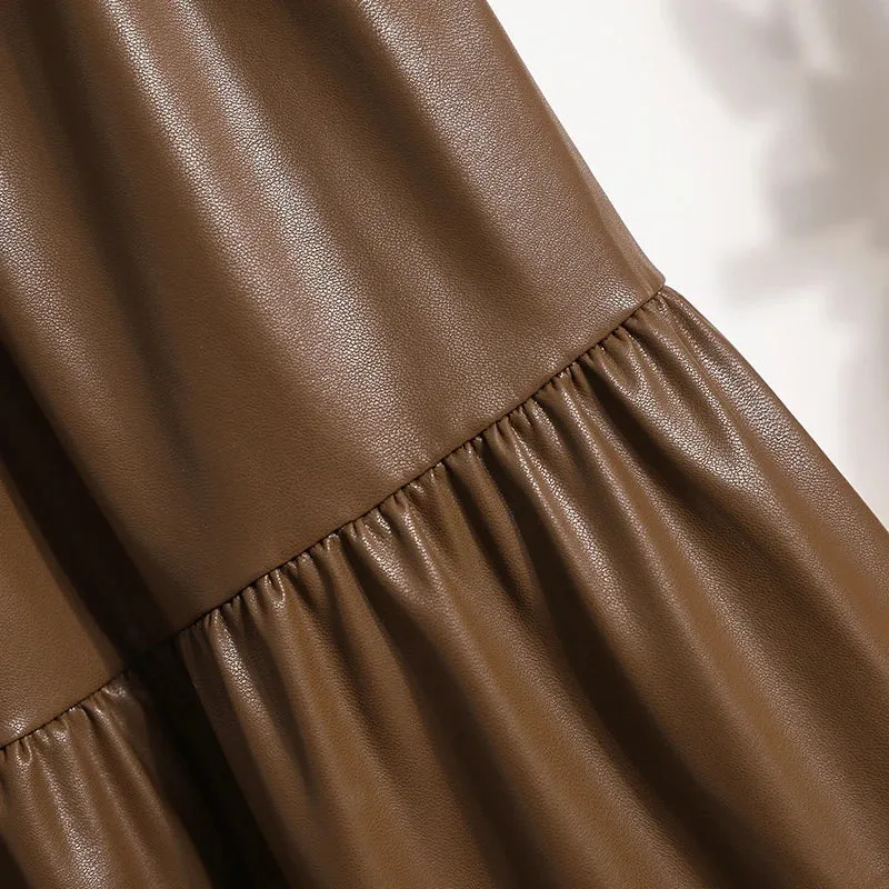 Pre Order:  Splicing Soft Leather Elastic Waist Pleated Skirt