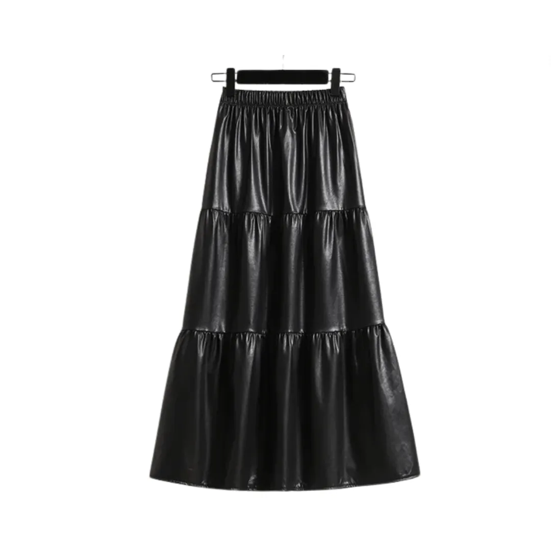 Pre Order:  Splicing Soft Leather Elastic Waist Pleated Skirt