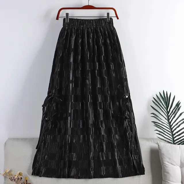 Pre Order:  Vintage Tie Split Pleated A-Line Midi Skirt