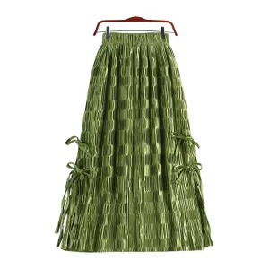 Pre Order:  Vintage Tie Split Pleated A-Line Midi Skirt