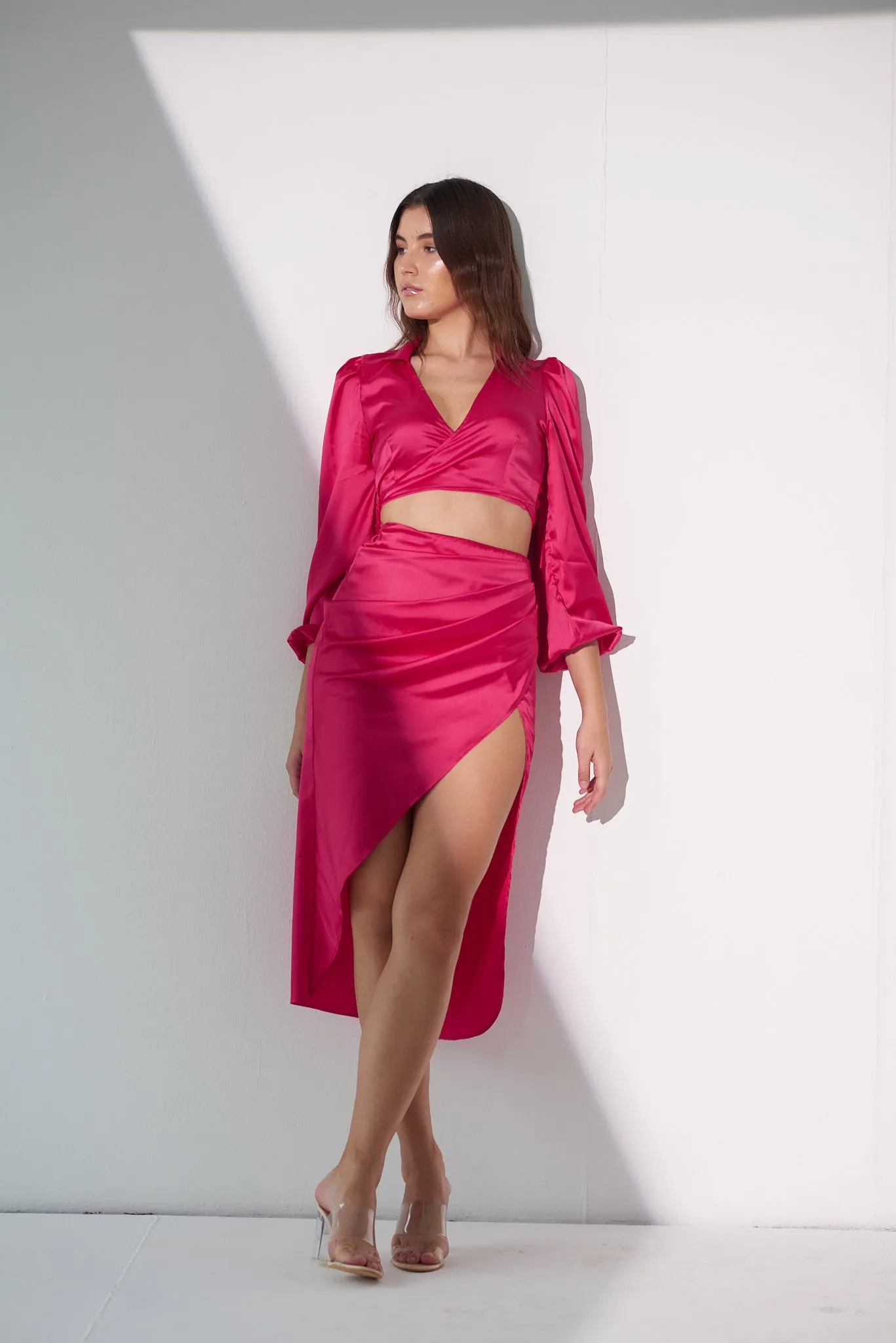 Premium satin Women's Co-ord with Wrap around top and skirt