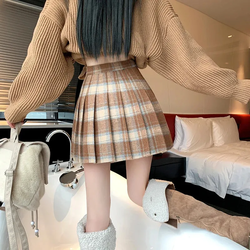 Preppy Vintage Plaid High Waist Thicken Casual Winter Wool Mini Pleated Skirt