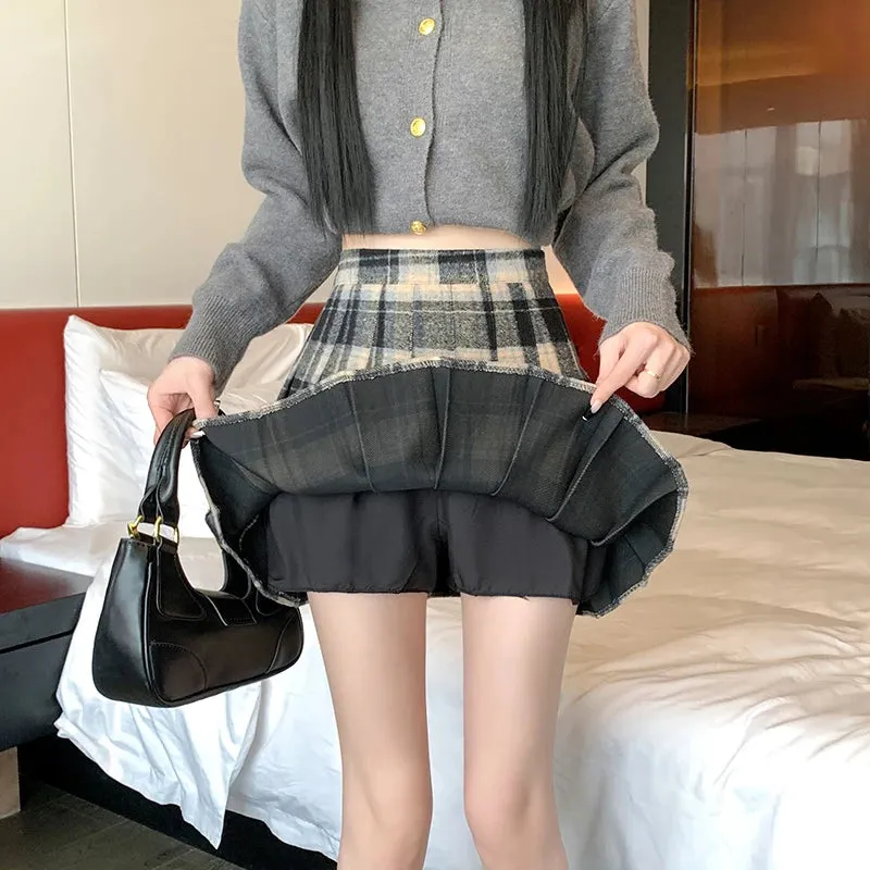 Preppy Vintage Plaid High Waist Thicken Casual Winter Wool Mini Pleated Skirt