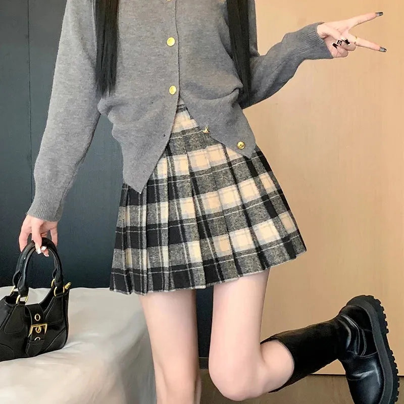 Preppy Vintage Plaid High Waist Thicken Casual Winter Wool Mini Pleated Skirt