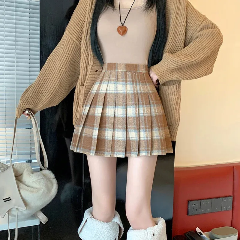 Preppy Vintage Plaid High Waist Thicken Casual Winter Wool Mini Pleated Skirt