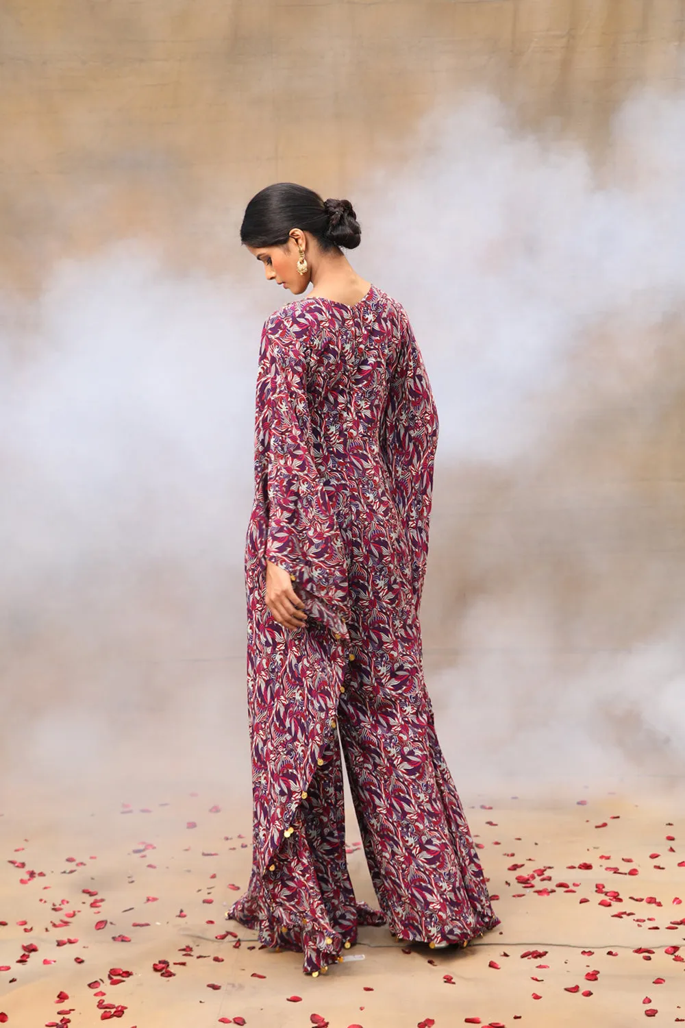 Purple Printed Embroidered Kaftan Jumpsuit