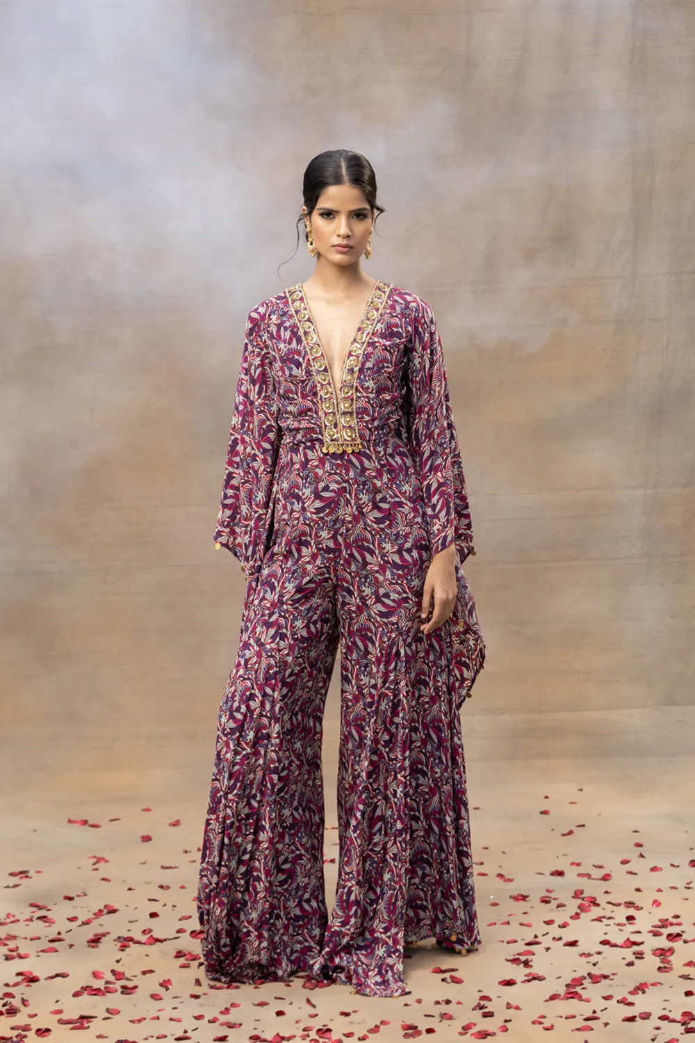 Purple Printed Embroidered Kaftan Jumpsuit