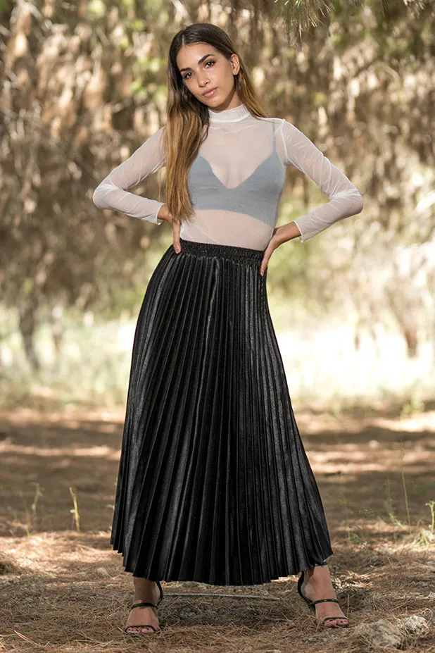 Queencii - Glow Night Metallic Pleated Long Skirt Black