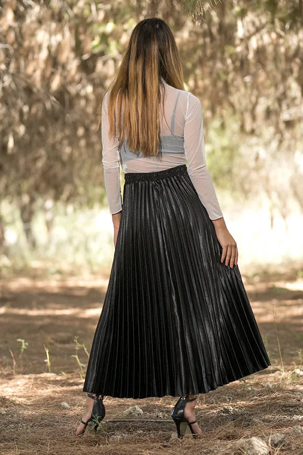 Queencii - Glow Night Metallic Pleated Long Skirt Black