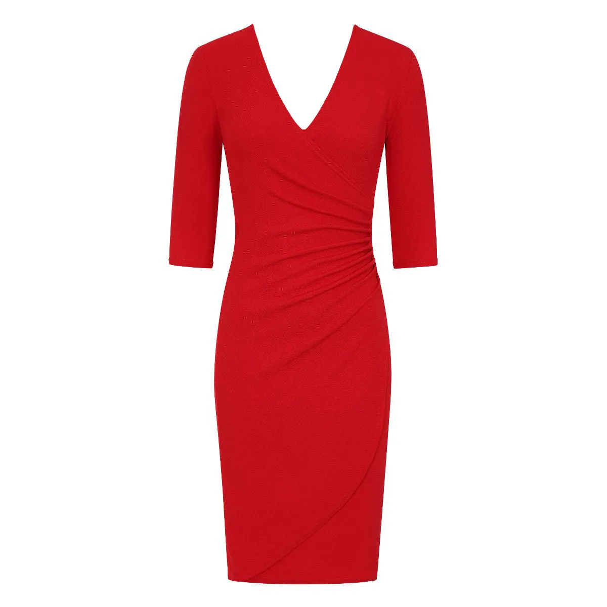 Red 3/4 sleeve deep V neck ruched detail wrap effect dress