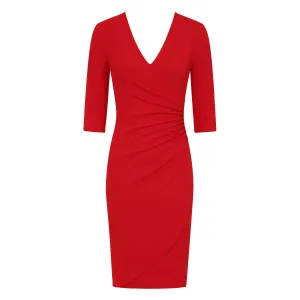 Red 3/4 sleeve deep V neck ruched detail wrap effect dress