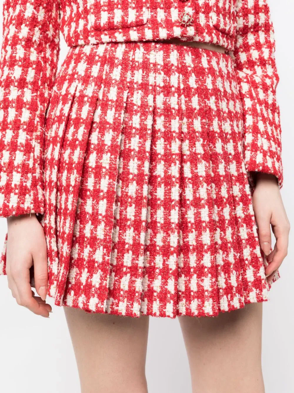 Red Check Boucle Pleated Mini Skirt