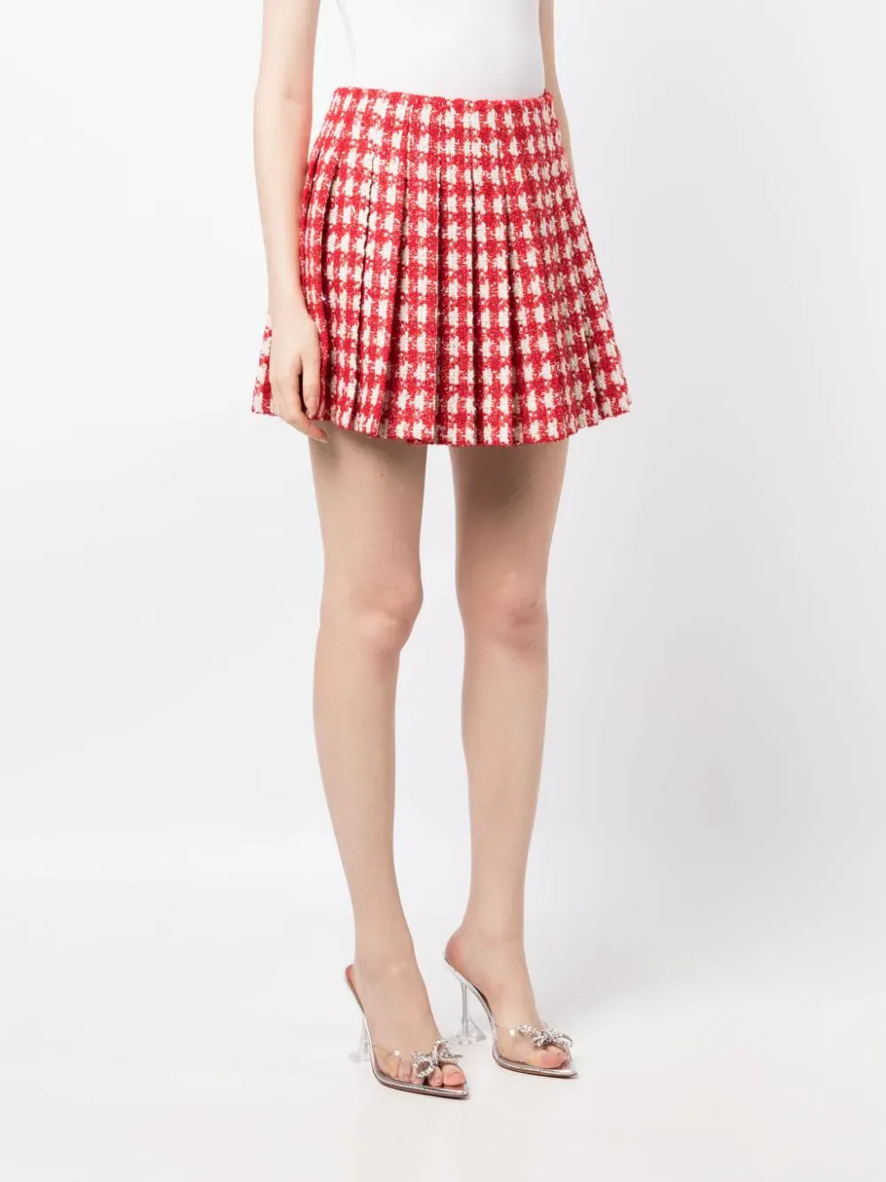 Red Check Boucle Pleated Mini Skirt