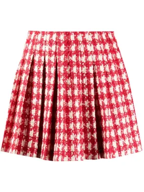 Red Check Boucle Pleated Mini Skirt