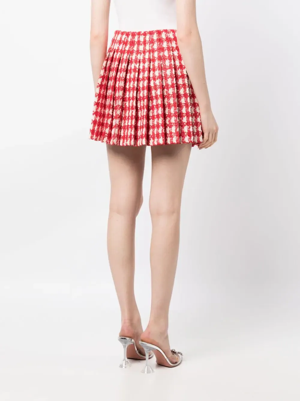 Red Check Boucle Pleated Mini Skirt