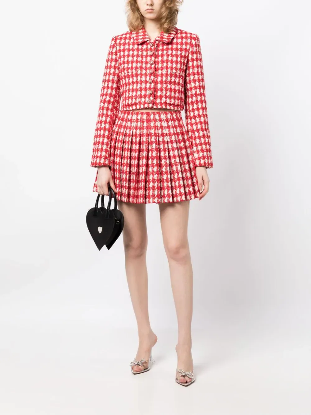 Red Check Boucle Pleated Mini Skirt