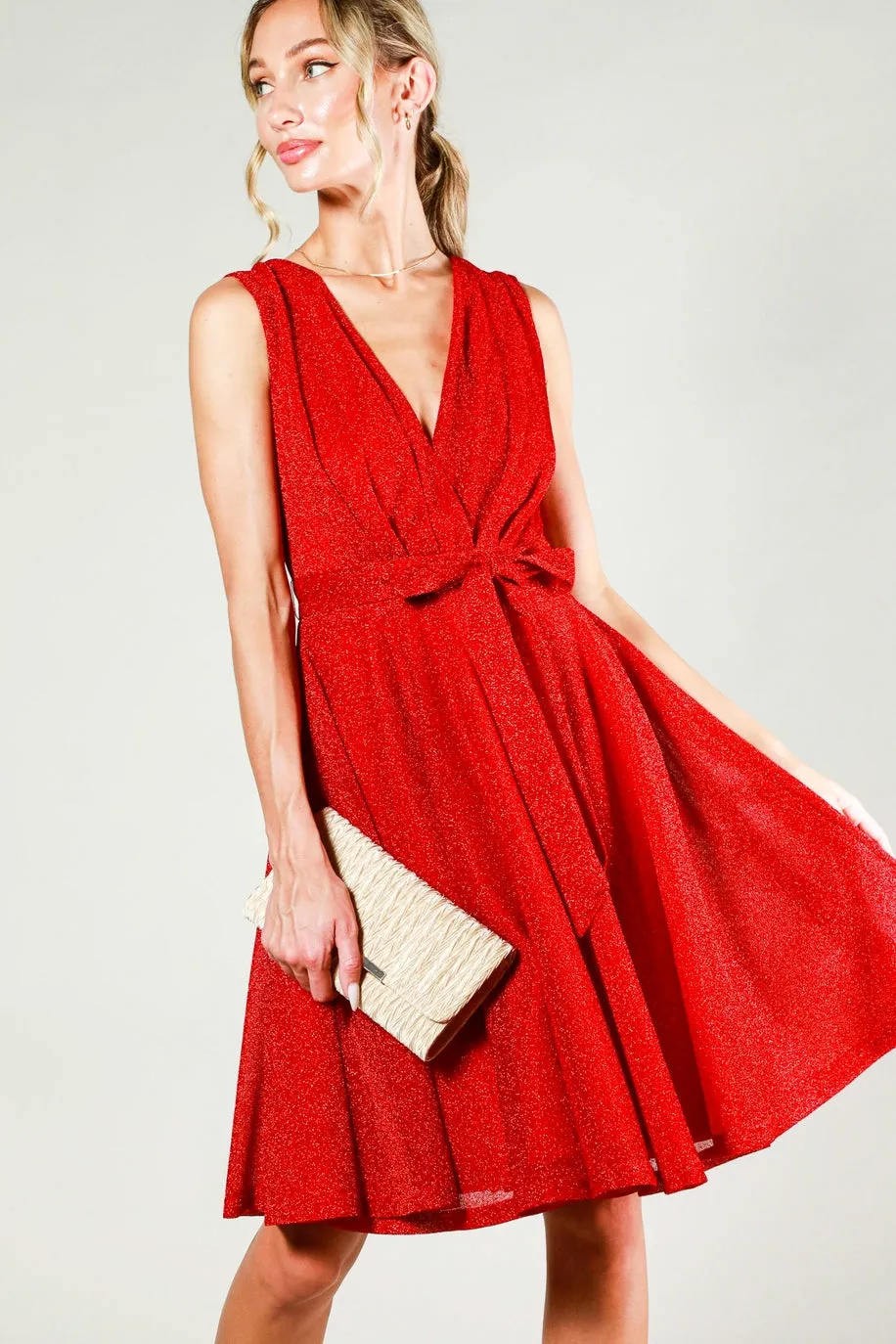 Red Lurex Sleeveless Flare Dress