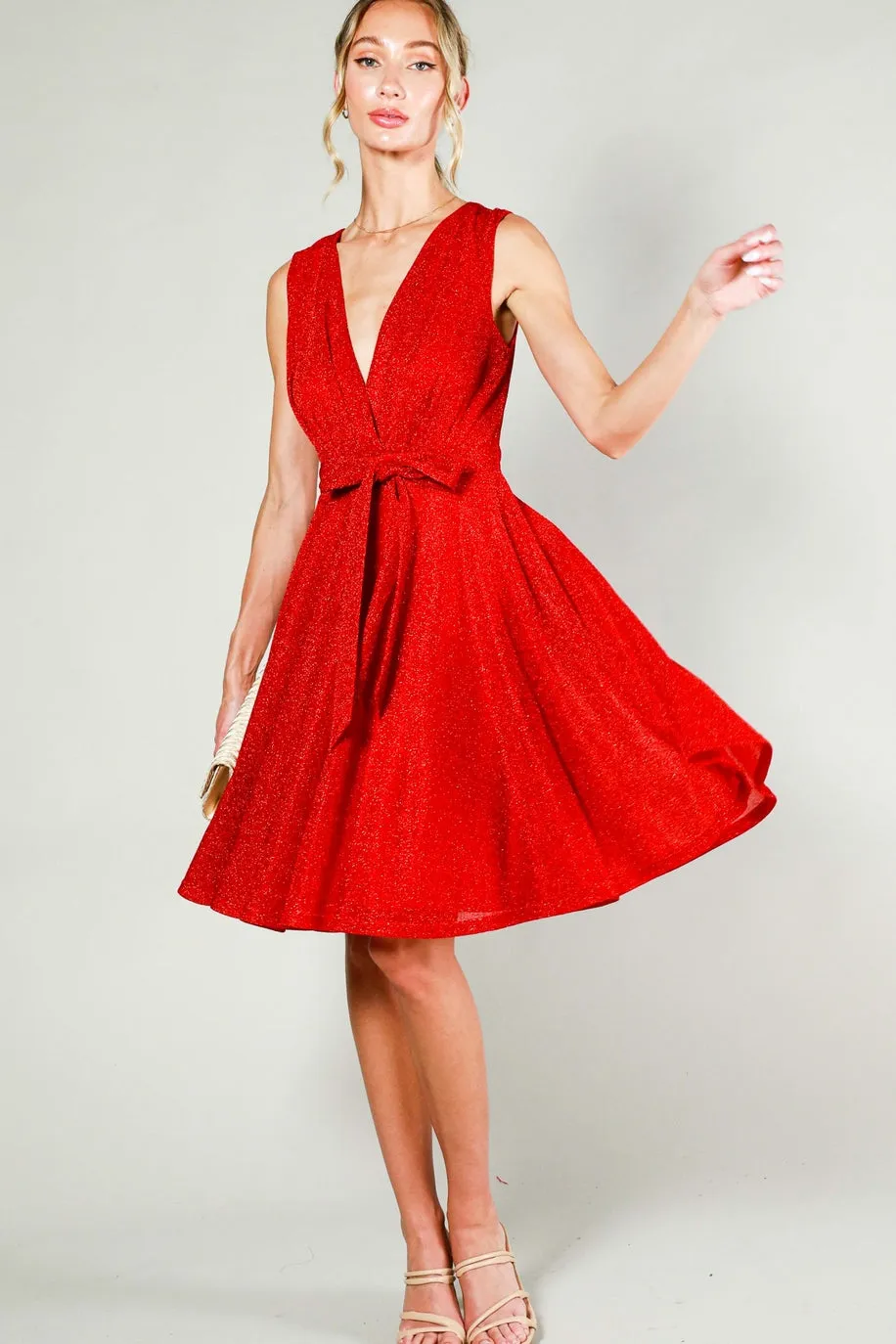 Red Lurex Sleeveless Flare Dress