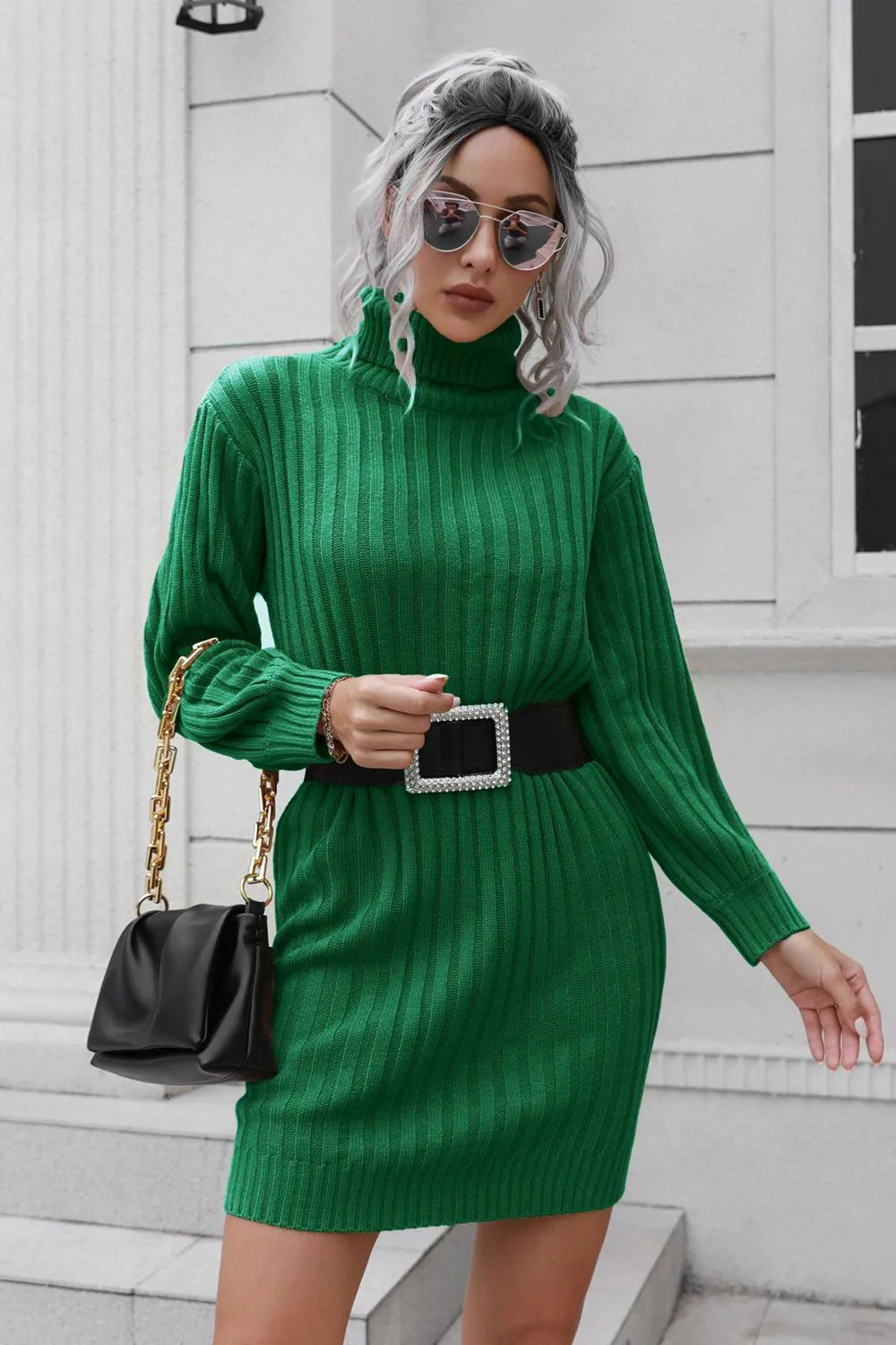 Ribbed Turtle Neck Long Sleeve Mini Sweater Dress