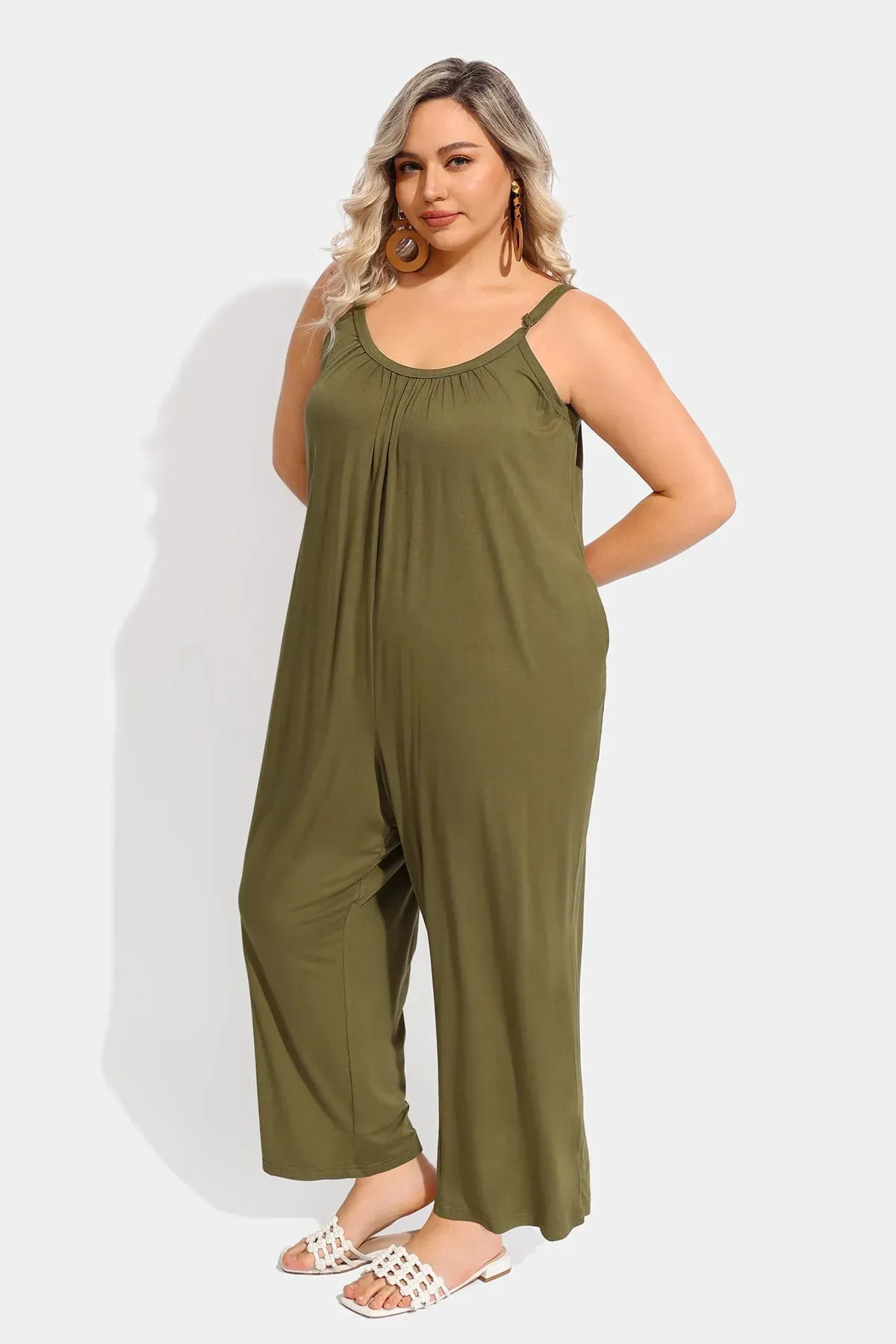 Ritera Spaghetti Strap Loose Green Jumpsuit with Pockets