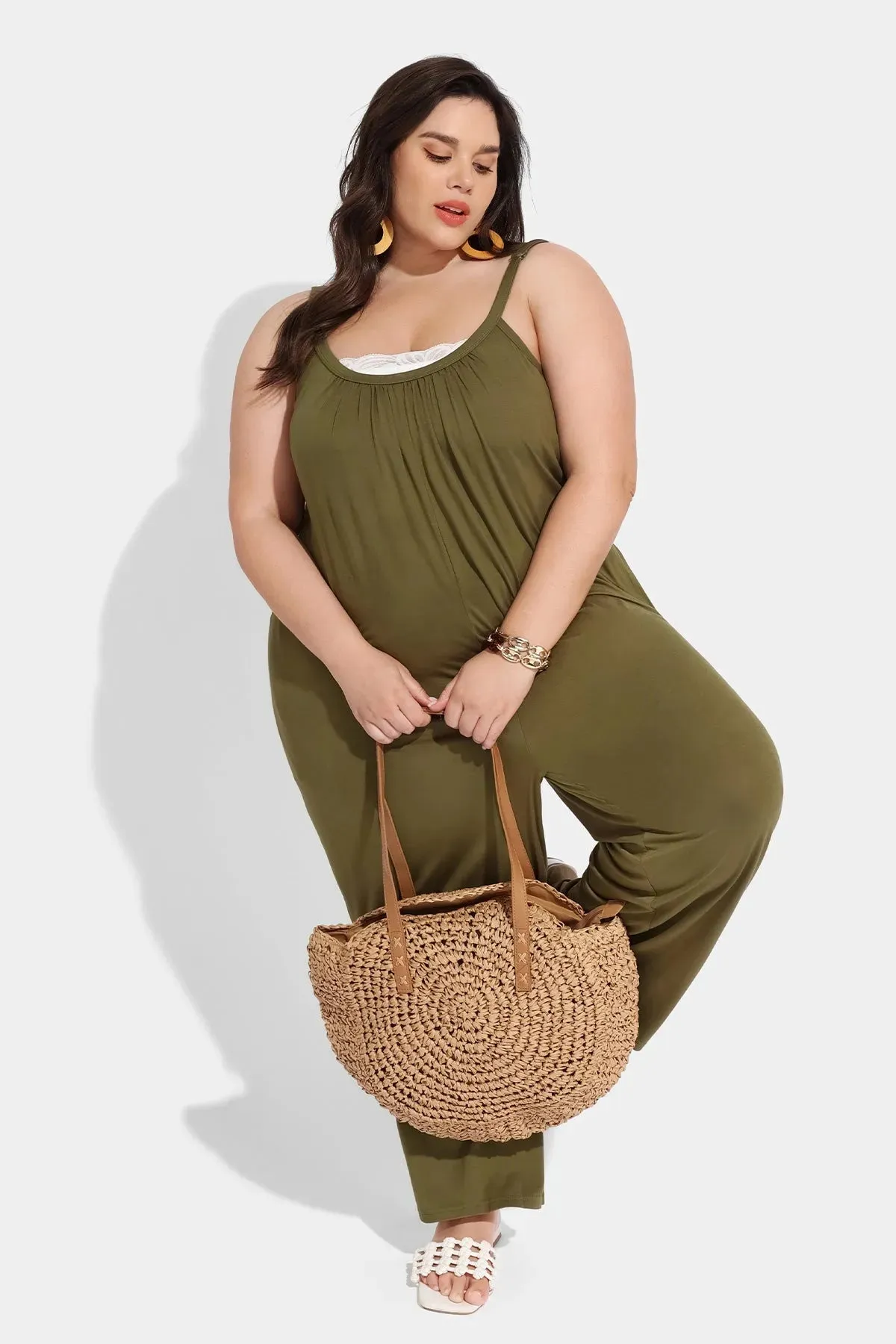 Ritera Spaghetti Strap Loose Green Jumpsuit with Pockets