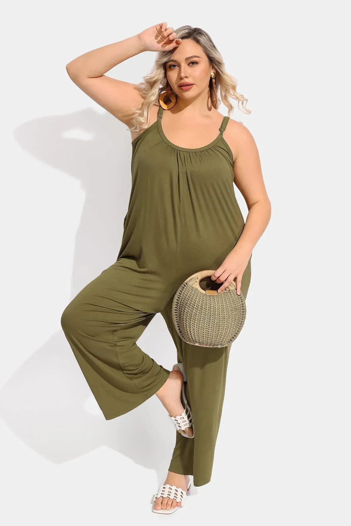 Ritera Spaghetti Strap Loose Green Jumpsuit with Pockets