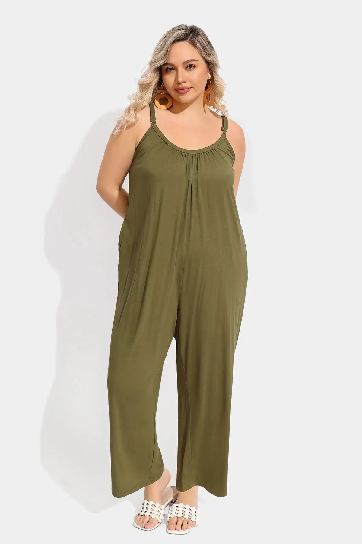 Ritera Spaghetti Strap Loose Green Jumpsuit with Pockets