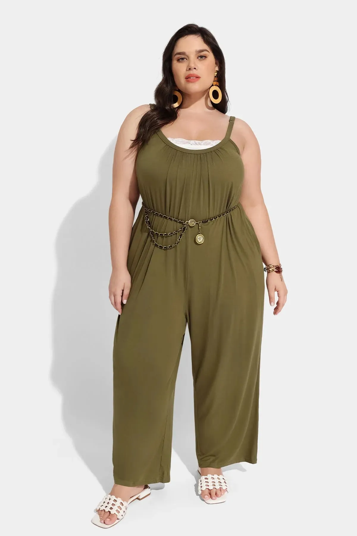 Ritera Spaghetti Strap Loose Green Jumpsuit with Pockets