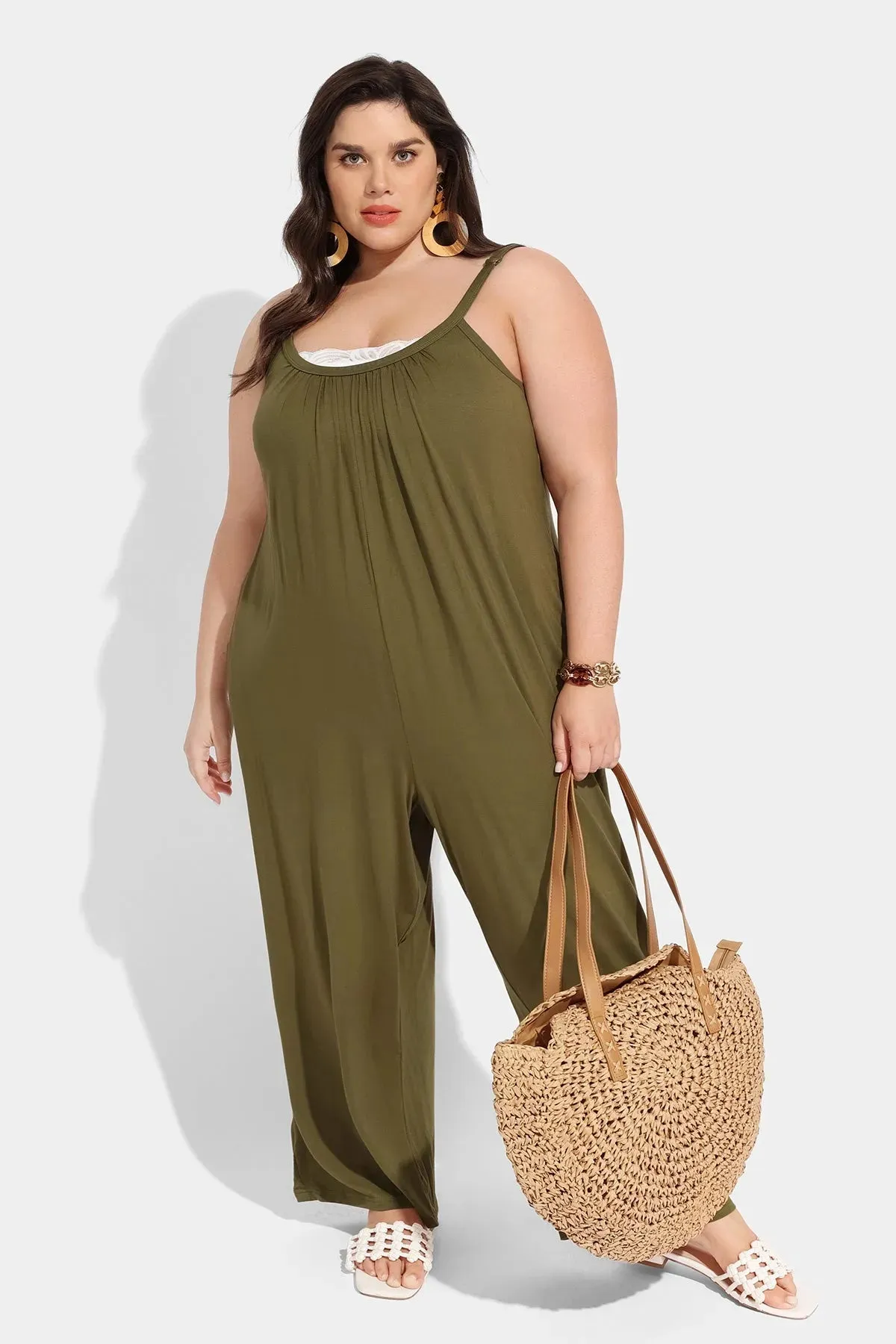 Ritera Spaghetti Strap Loose Green Jumpsuit with Pockets