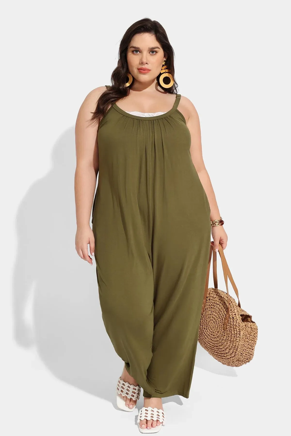 Ritera Spaghetti Strap Loose Green Jumpsuit with Pockets