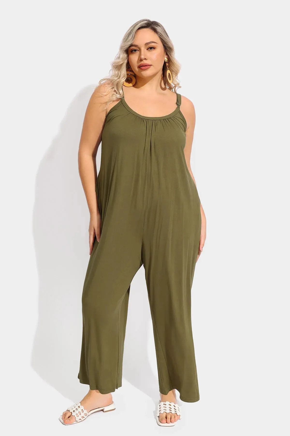 Ritera Spaghetti Strap Loose Green Jumpsuit with Pockets