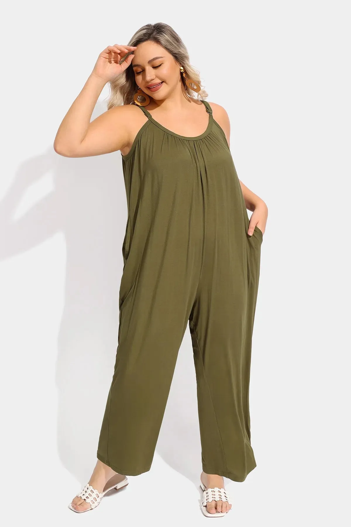 Ritera Spaghetti Strap Loose Green Jumpsuit with Pockets