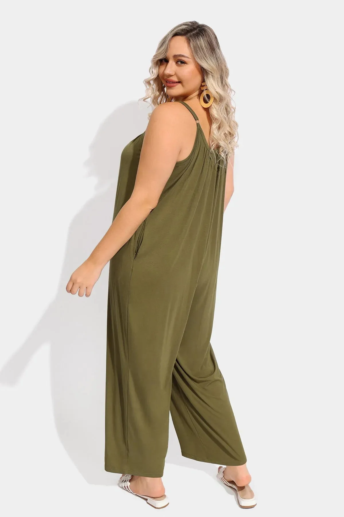 Ritera Spaghetti Strap Loose Green Jumpsuit with Pockets