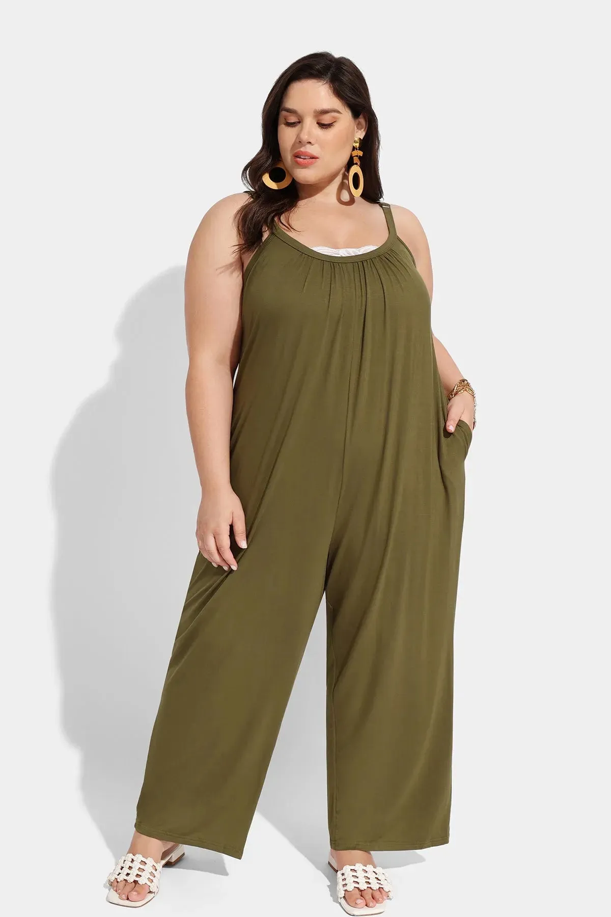 Ritera Spaghetti Strap Loose Green Jumpsuit with Pockets