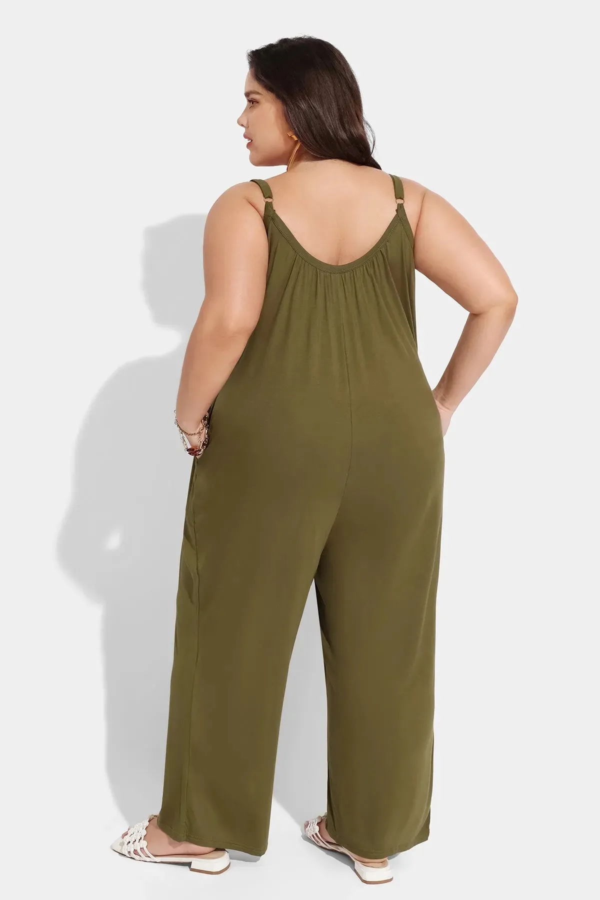 Ritera Spaghetti Strap Loose Green Jumpsuit with Pockets