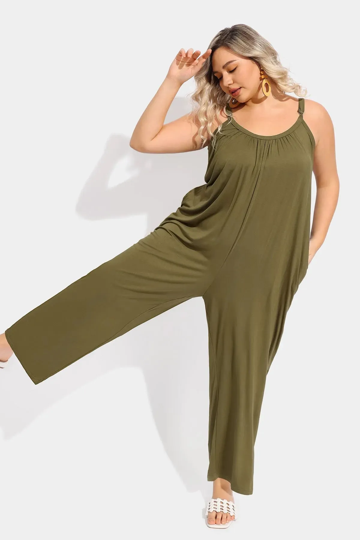 Ritera Spaghetti Strap Loose Green Jumpsuit with Pockets