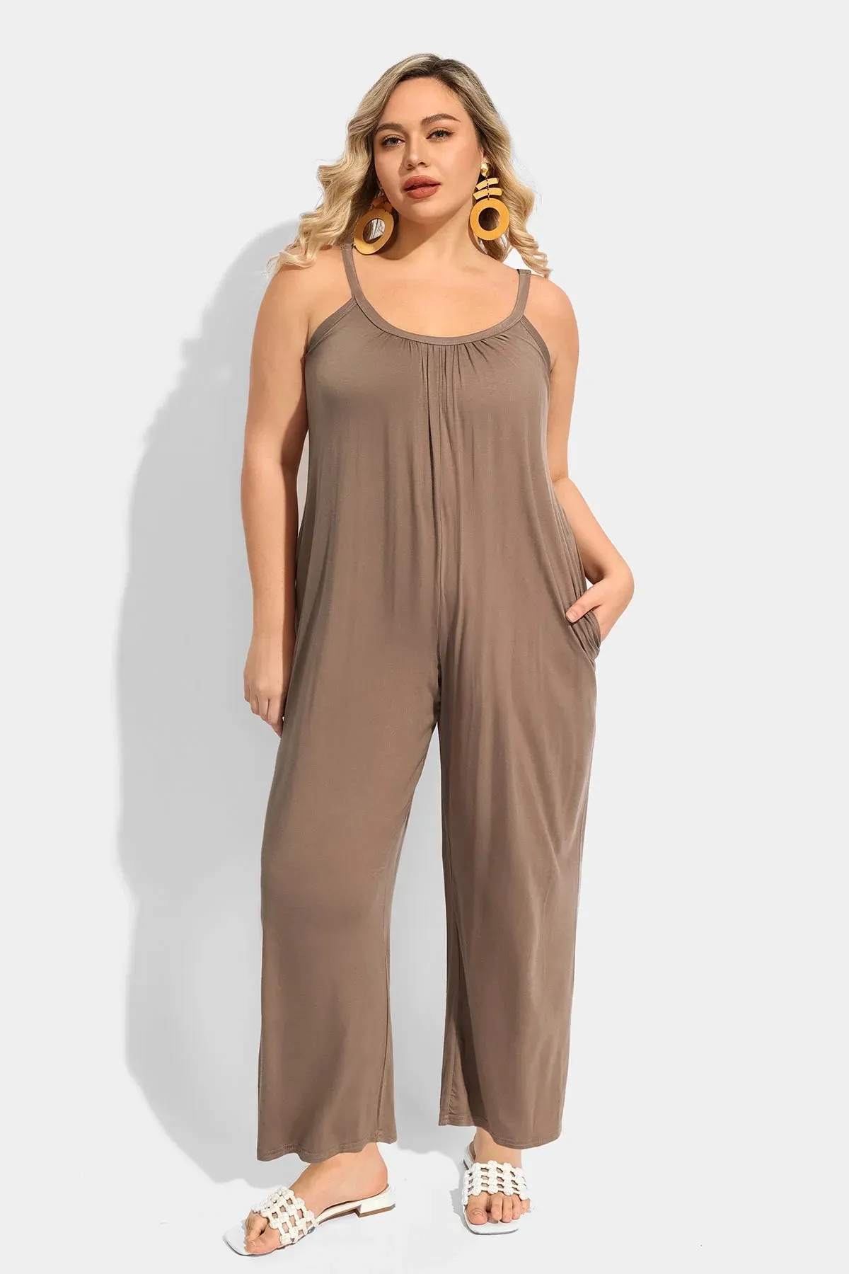 Ritera Spaghetti Strap Loose Khaki Jumpsuit with Pockets