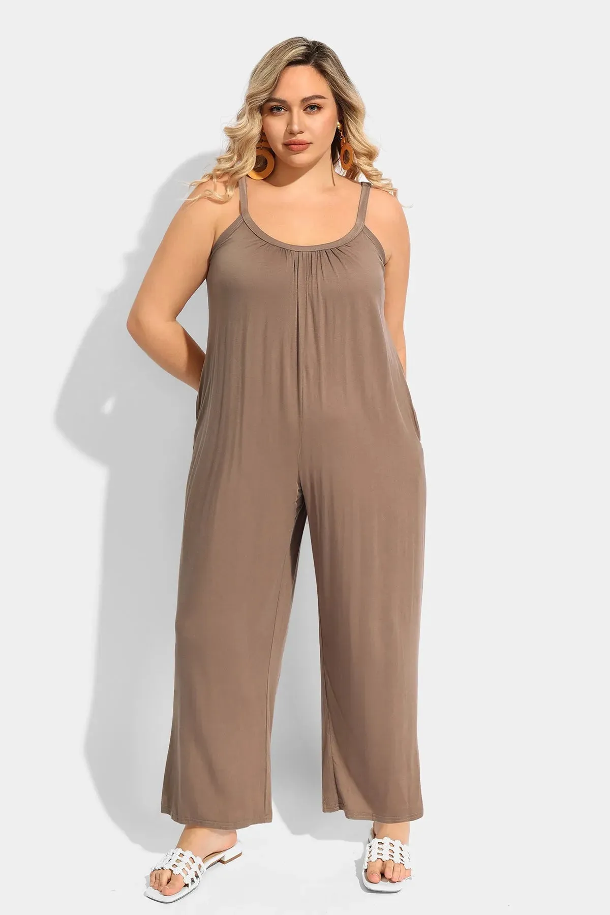 Ritera Spaghetti Strap Loose Khaki Jumpsuit with Pockets