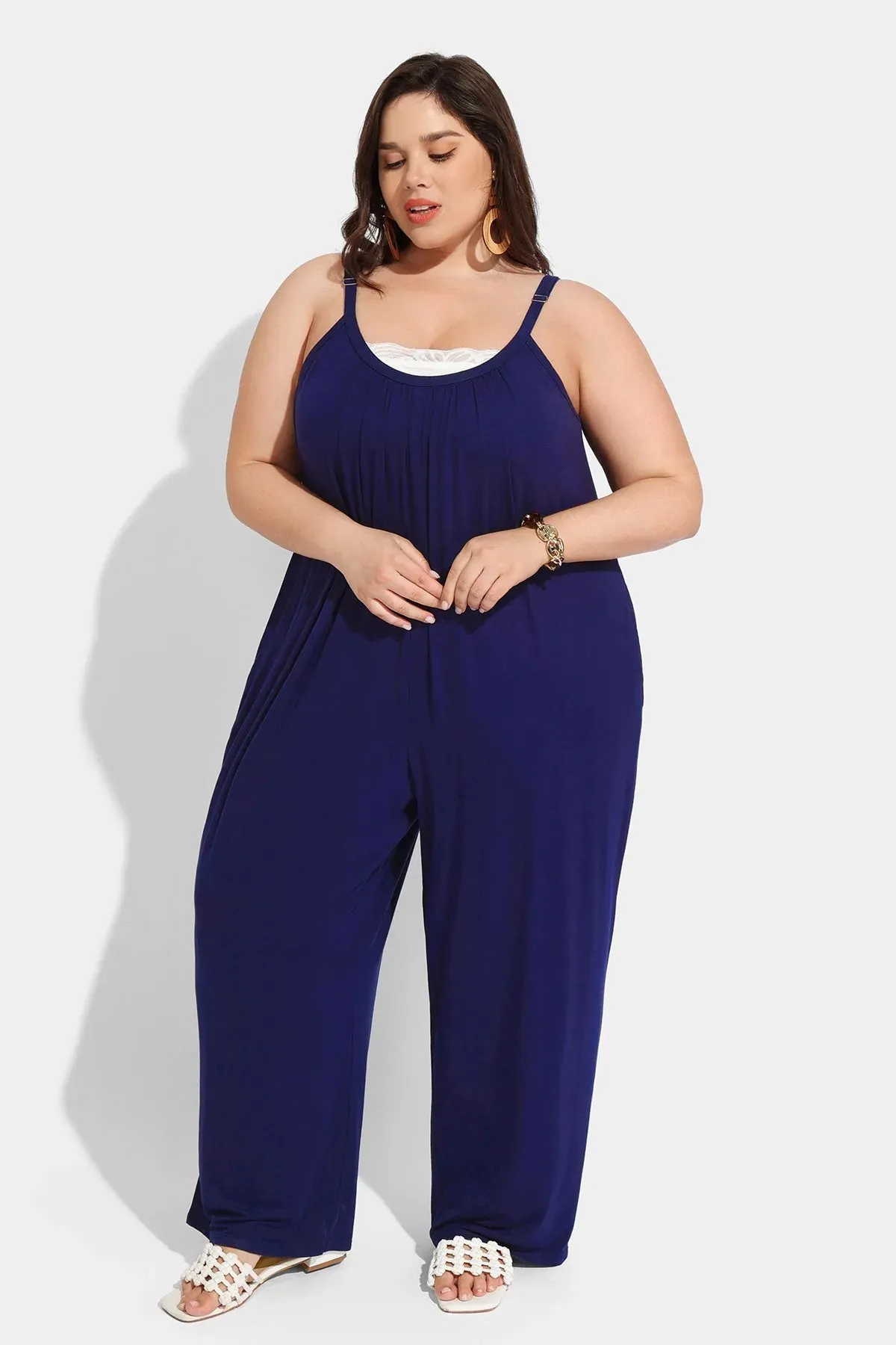 Ritera Spaghetti Strap Loose Navy Jumpsuit with Pockets