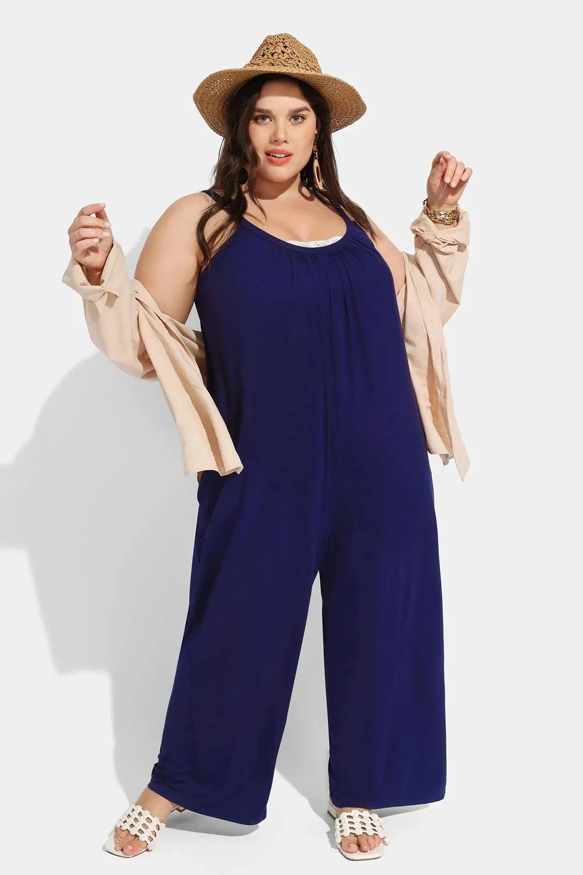 Ritera Spaghetti Strap Loose Navy Jumpsuit with Pockets