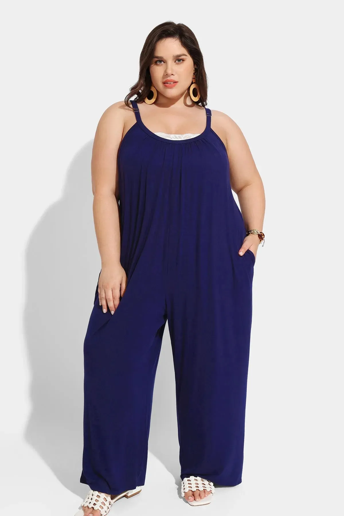 Ritera Spaghetti Strap Loose Navy Jumpsuit with Pockets